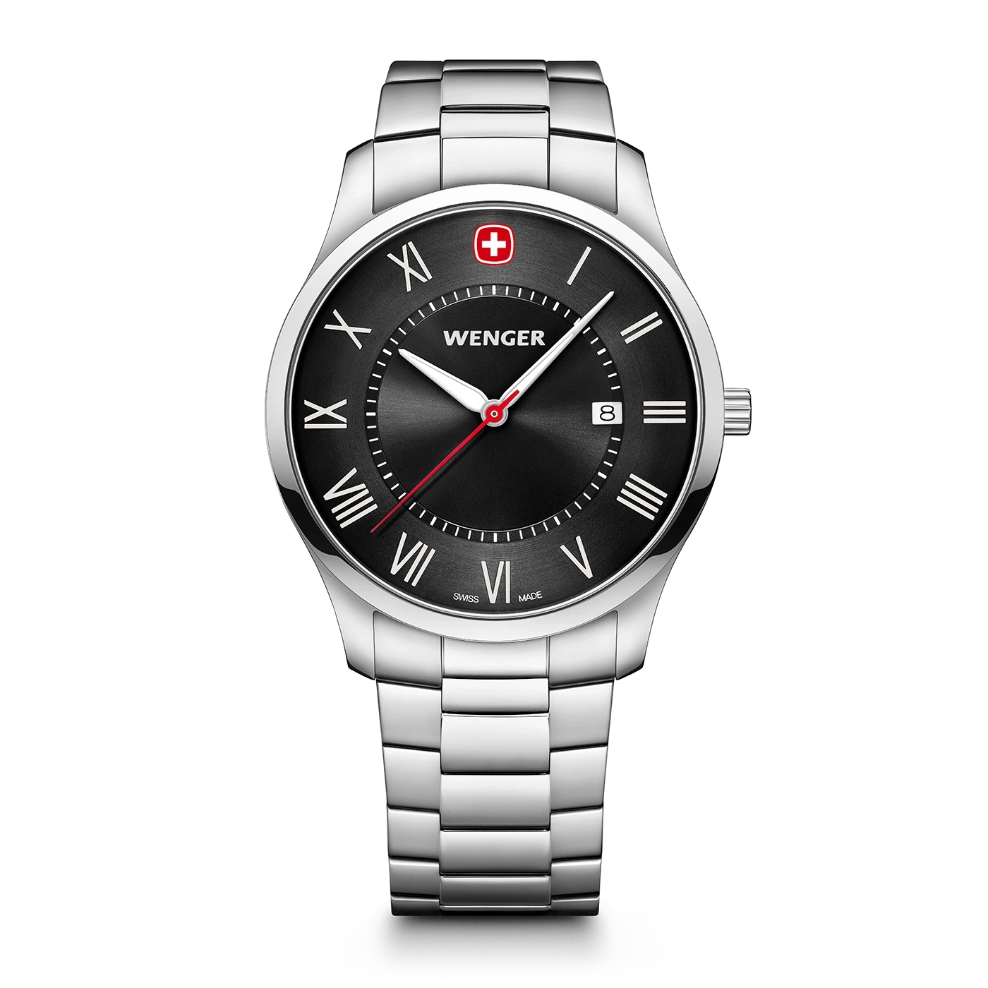 Wenger Uhr mit schwarzem Zifferblatt und römischen Ziffern, silbernes Armband