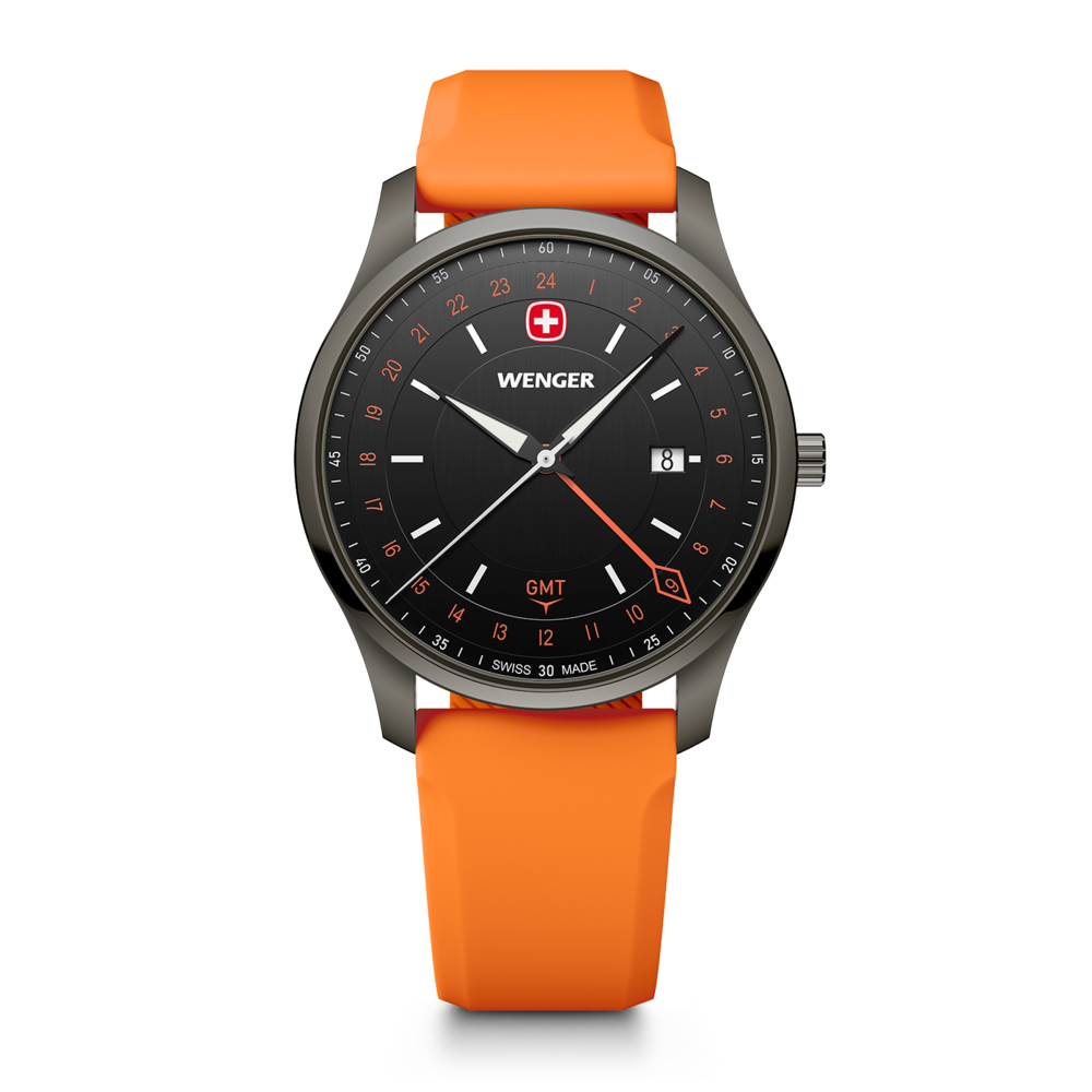 Wenger Herrenuhr mit schwarzem Zifferblatt und orangem Armband