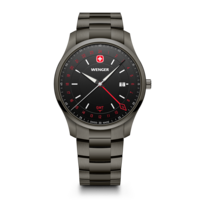 Herrenuhr silber-schwarz Ø 42 mm Quarzuhr mit GMT-Funktion, hergestellt in der Schweiz