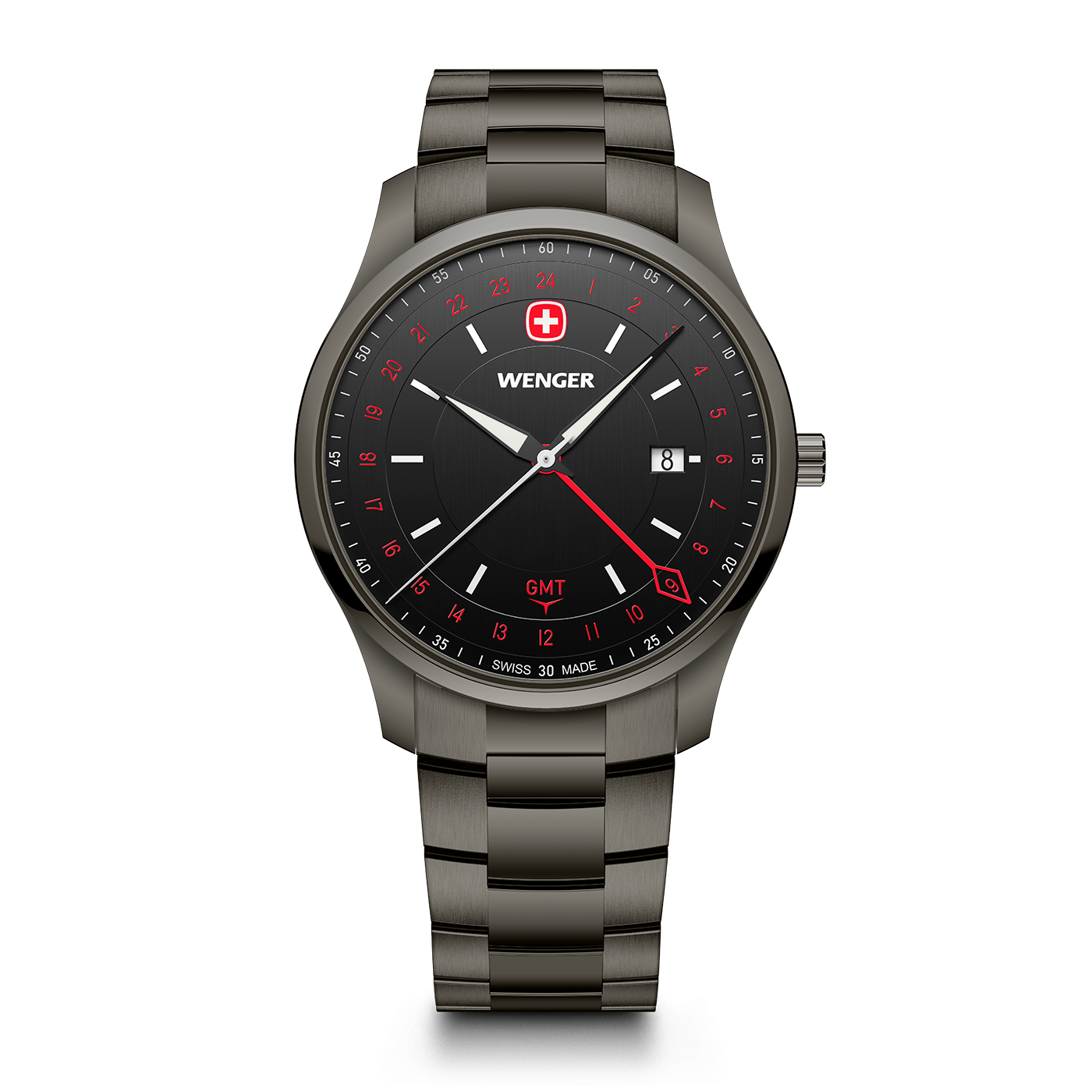 Ein dunkelgraues Wenger Armbanduhr mit schwarzem Zifferblatt und GMT-Anzeige.