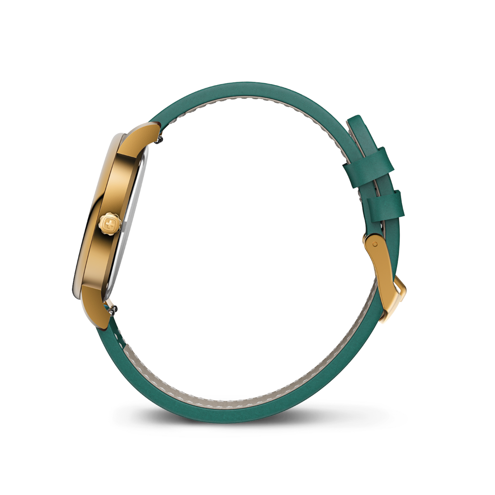 Eine goldene Uhr mit einem grünen Lederarmband.