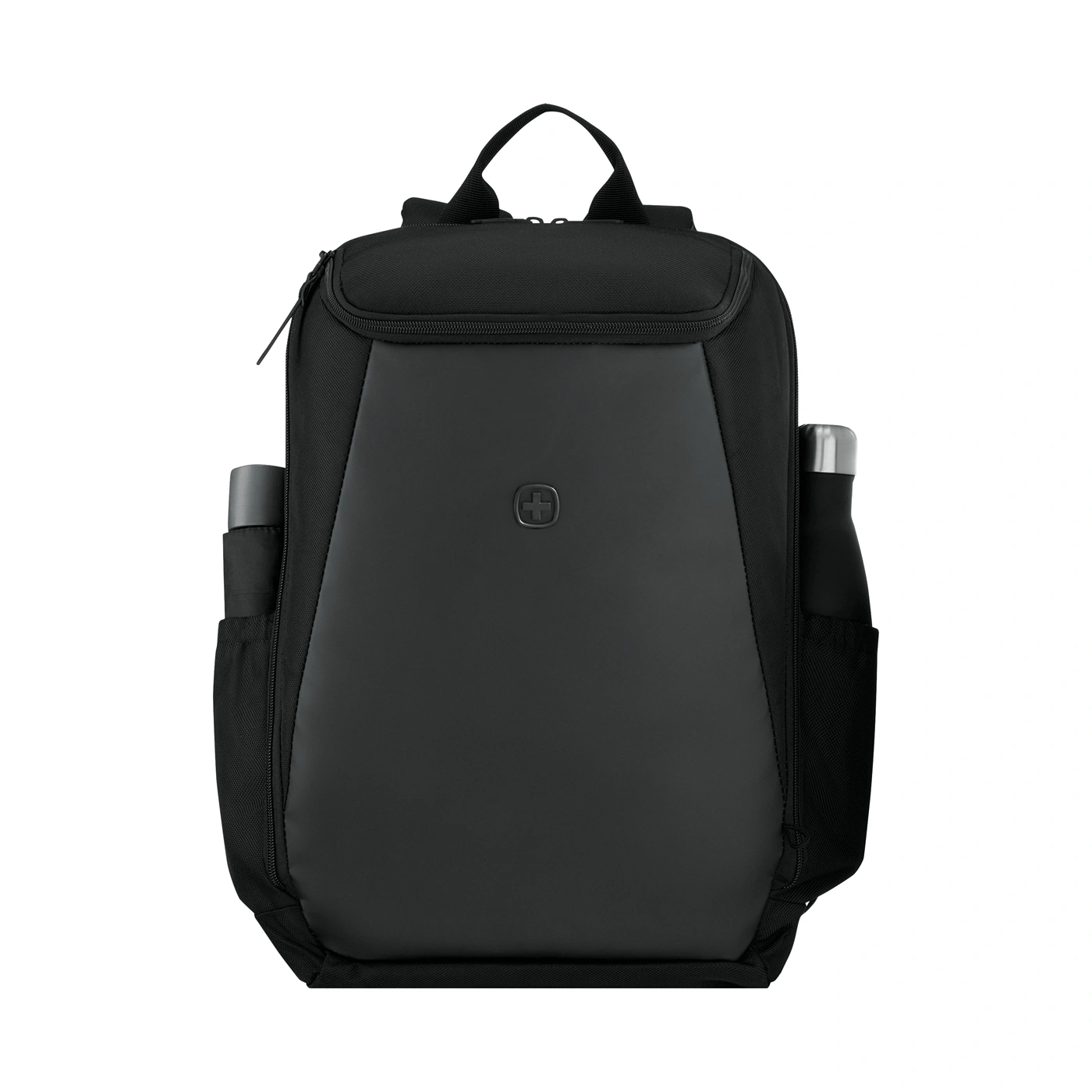 Schwarzer Rucksack mit silberner Wasserflasche und grauem Regenschirm
