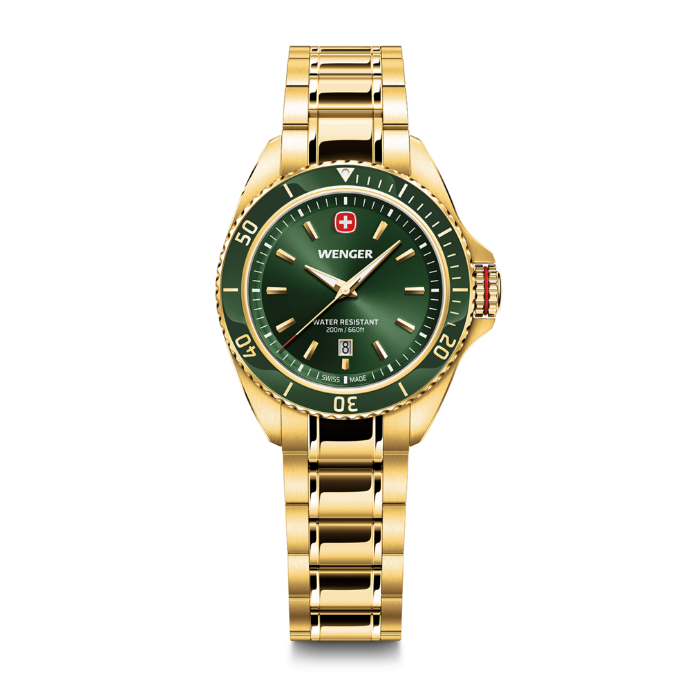 Goldene Wenger Uhr mit grünem Zifferblatt und Datumsanzeige