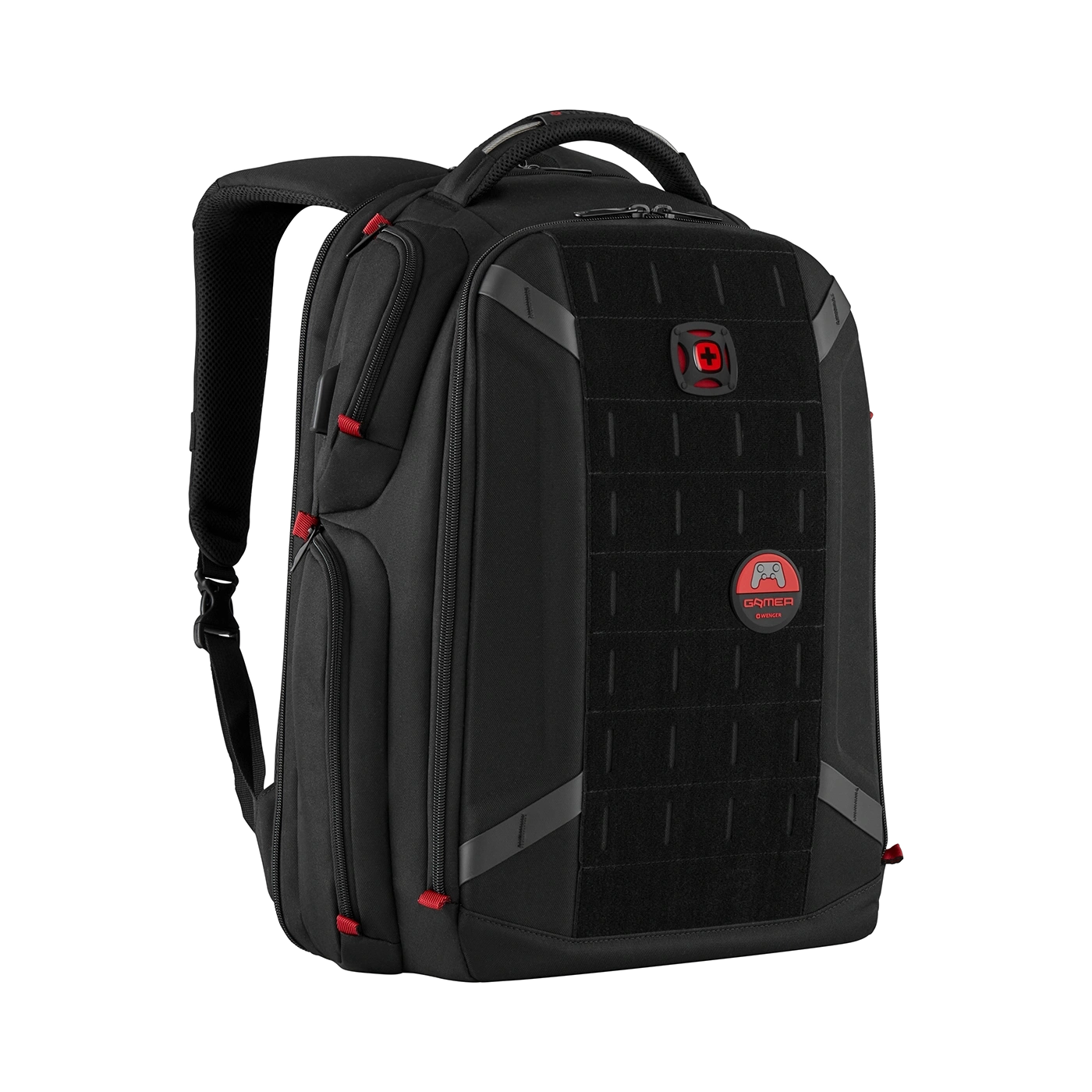 Schwarzer Rucksack mit rotem Akzent und Gamer-Logo auf schwarzem Hintergrund.
