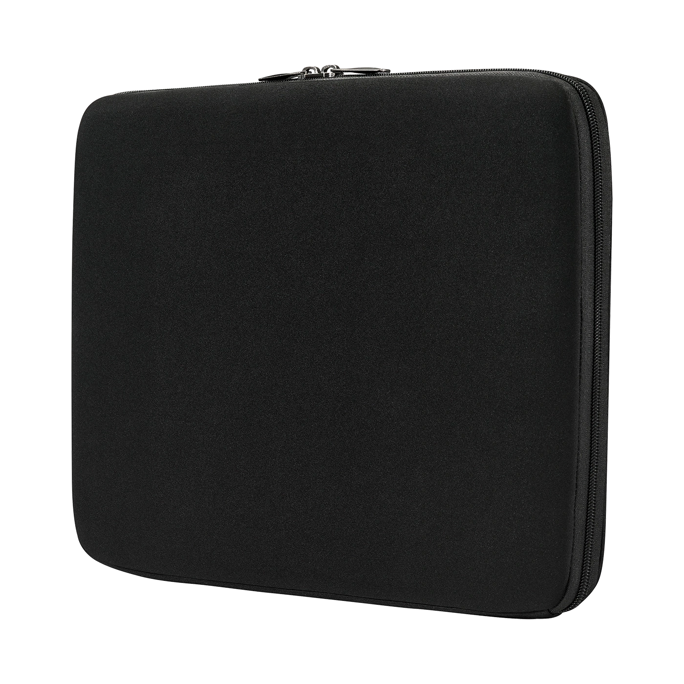Black laptop case with zipper, rectangular, isolated, empty, texture, close-up