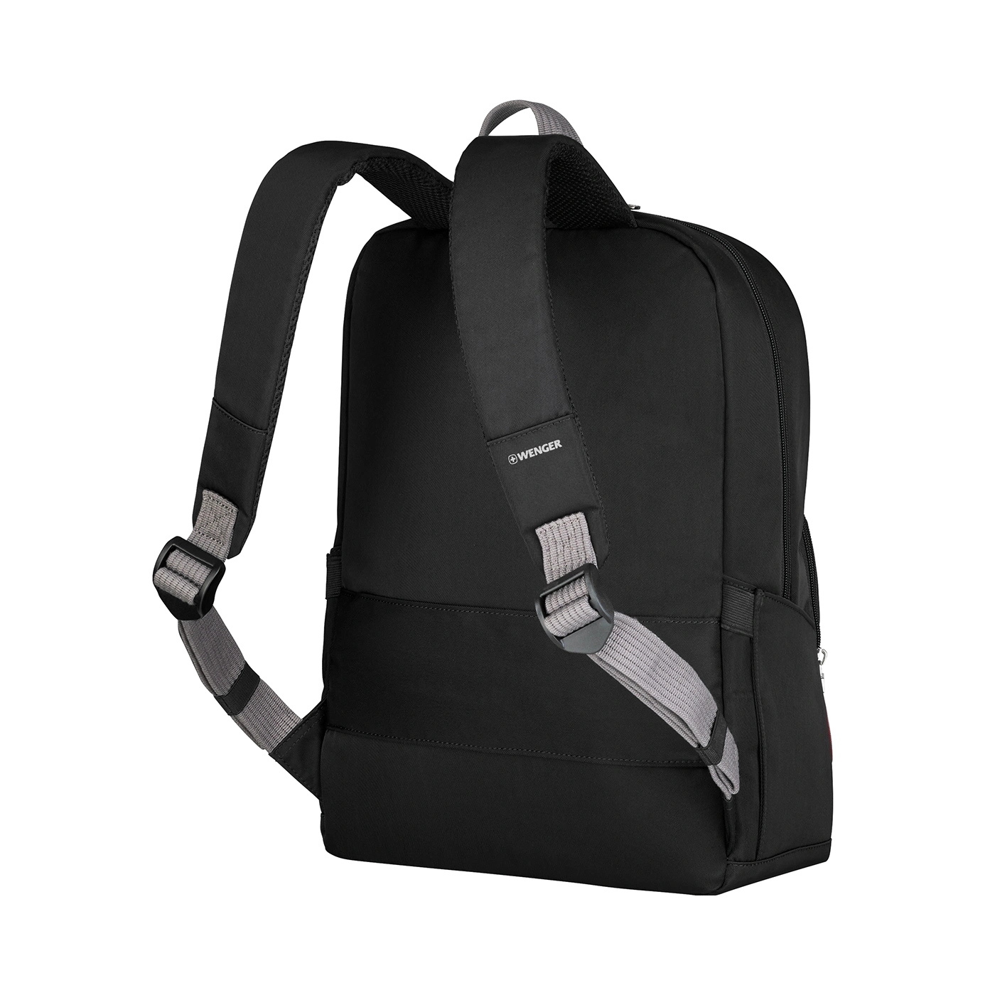 Schwarzer Rucksack mit grauen Trägern und dem Logo von Wenger.