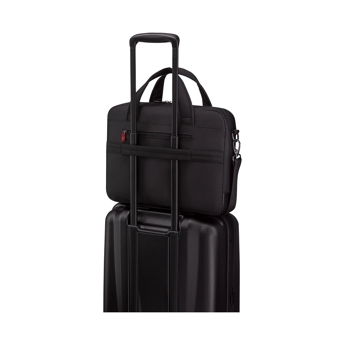 Black briefcase on a black suitcase with a retractable handle
