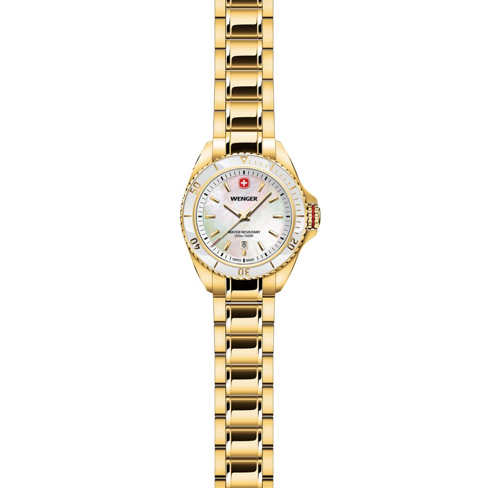 Goldene Wenger-Armbanduhr mit Perlmuttzifferblatt und Datumsanzeige