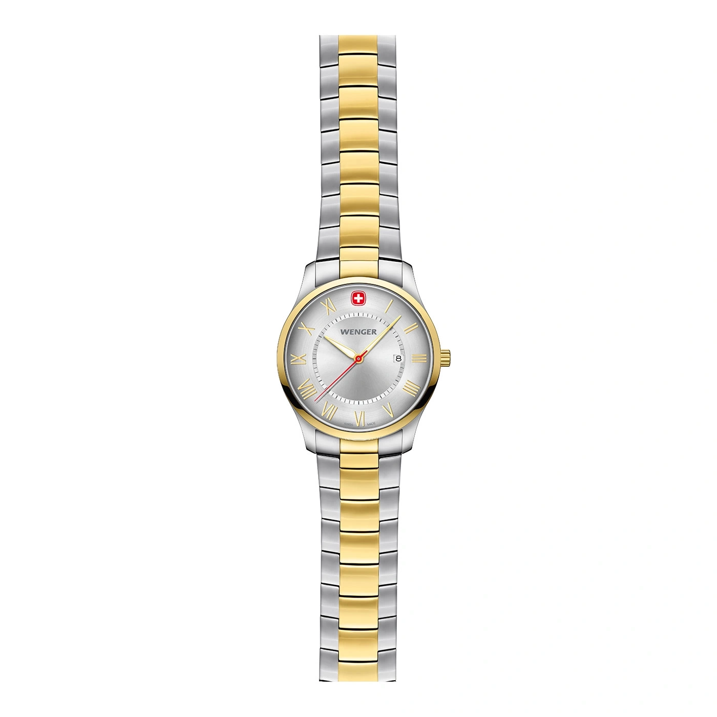 Wenger Uhr, silbernes Zifferblatt, goldfarbenes Armband, römische Ziffern, Schweizer Uhr