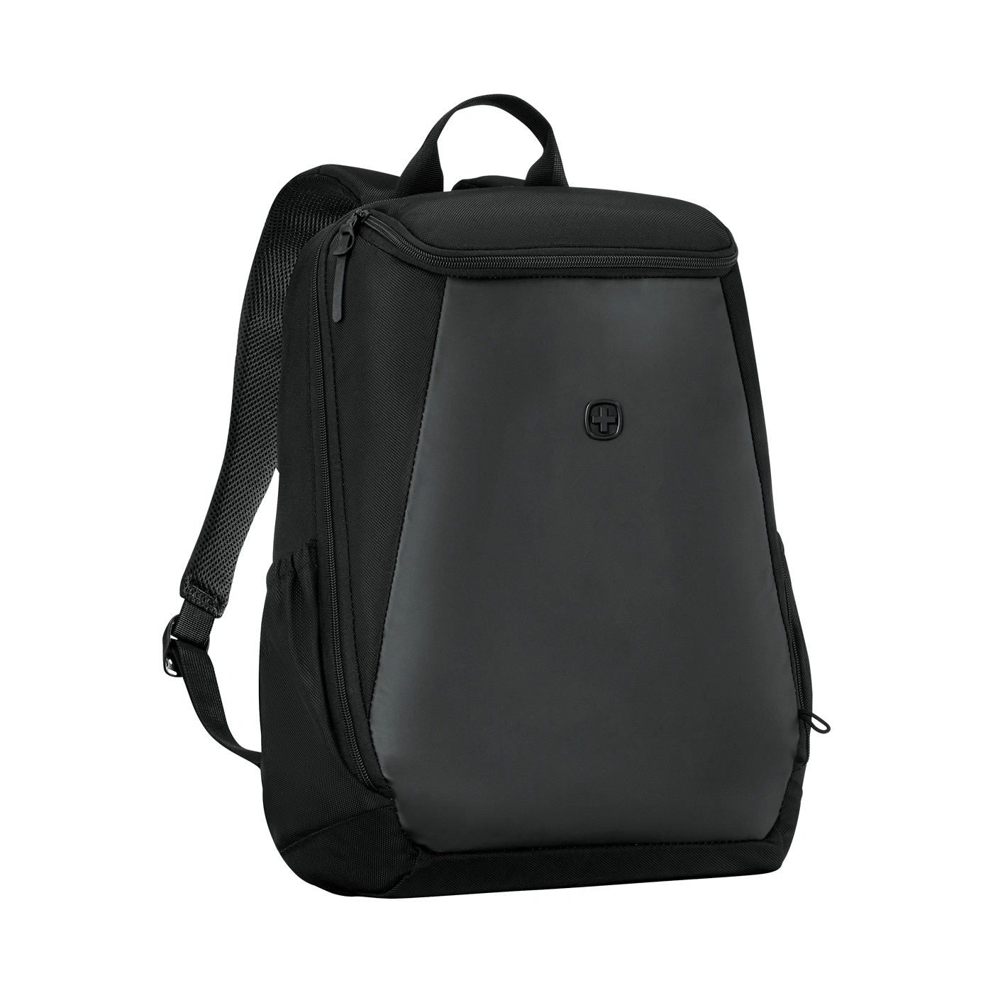 Ein schwarzer Rucksack mit einem weißen Hintergrund.