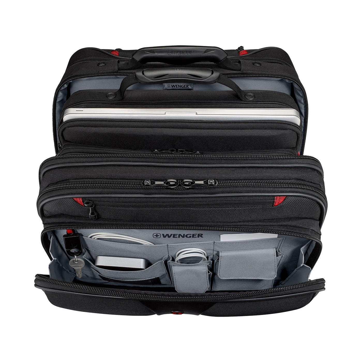Black Wenger suitcase, open, with laptop, cables, and keys visible inside.