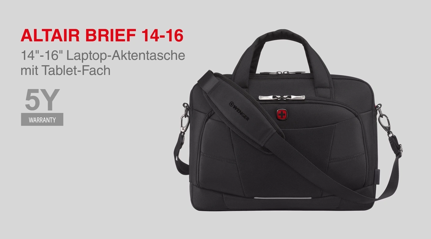 Black laptop bag with shoulder strap, 5-year warranty, Wenger brand, Altair Brief 14-16 model