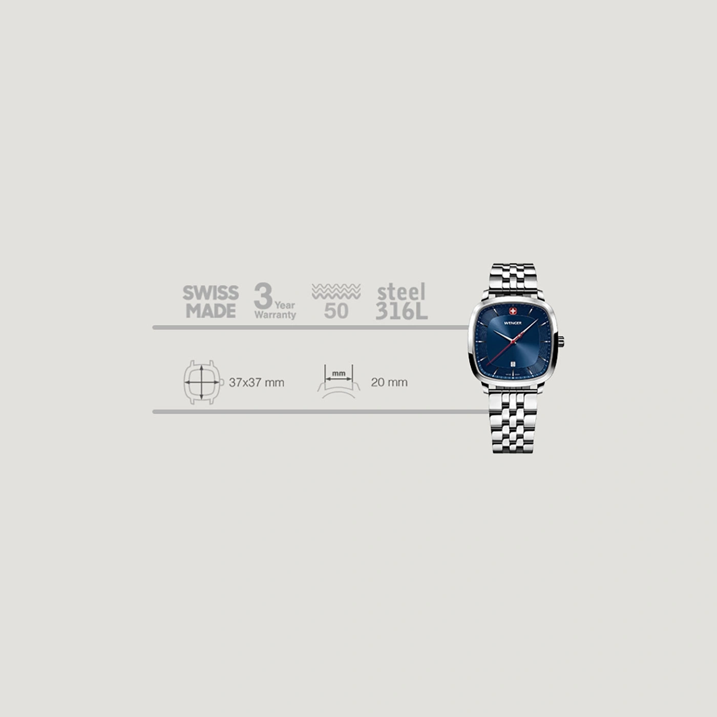 Wenger watch, Swiss Made, 3 year warranty, steel, 37x37 mm, 20 mm