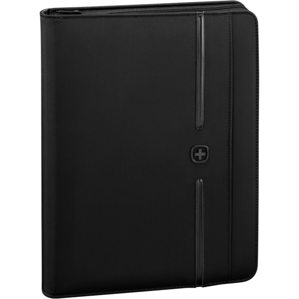 Schwarze Aktenmappe mit Reißverschluss und Logo, Nahaufnahme