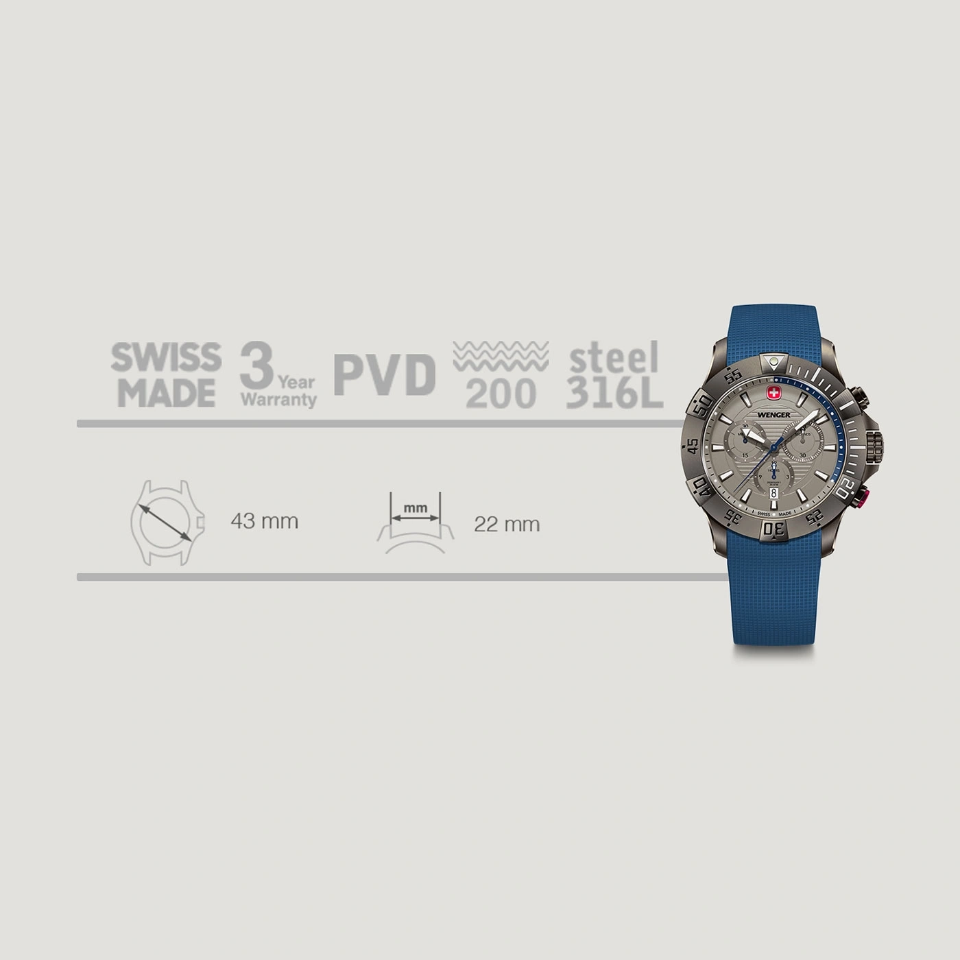 Wenger watch, Swiss Made, 43mm case, PVD, 200m water resistant, steel, blue strap