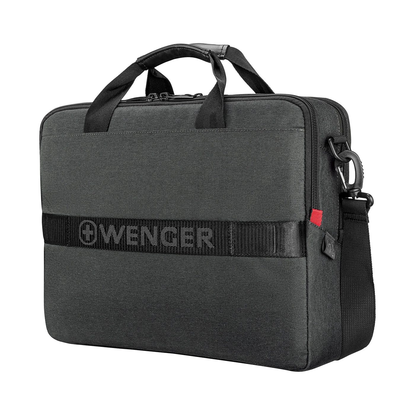 Dunkelgraue Aktentasche mit Schultergurt und WENGER-Logo auf schwarzem Hintergrund.