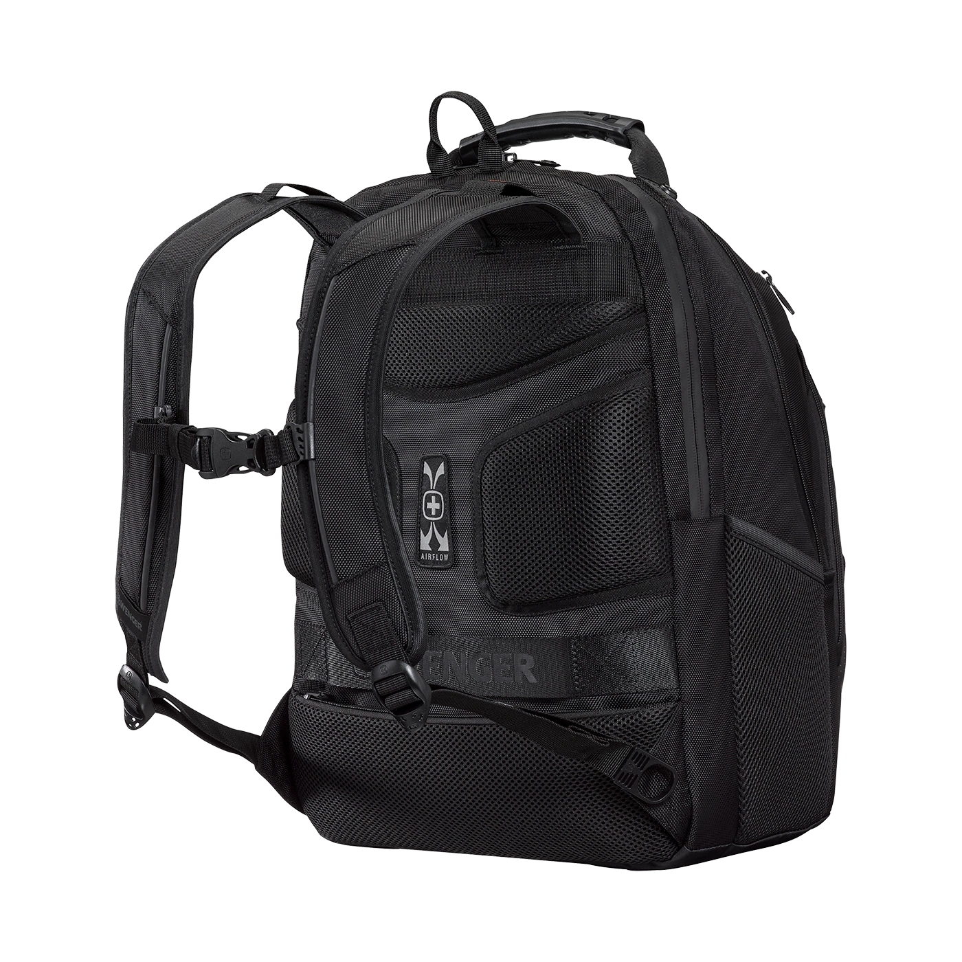 Black backpack with padded straps and airflow system, Wenger brand, side view.