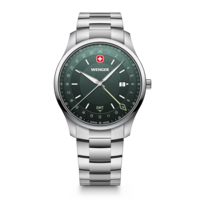 Herrenuhr silber-grün Ø 42 mm Quarzuhr mit GMT-Funktion, hergestellt in der Schweiz