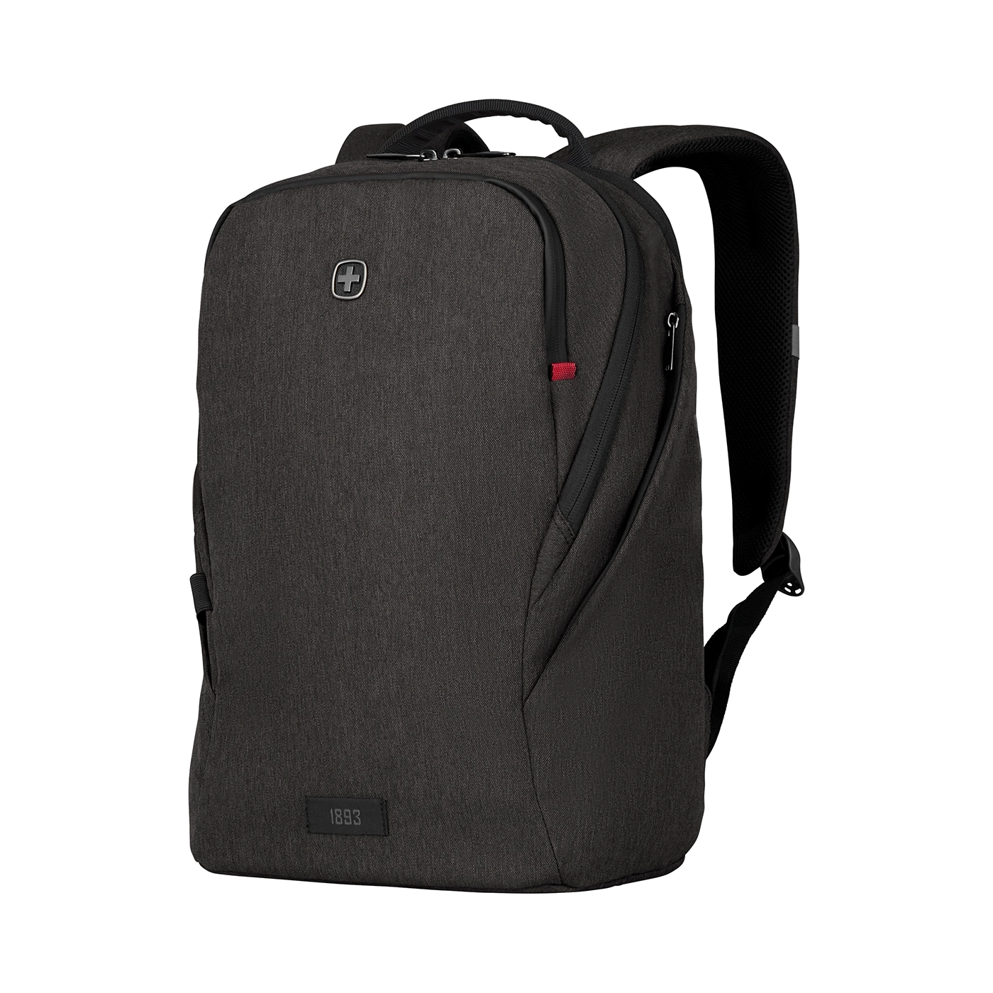 Dark gray backpack with Swiss cross logo and multiple zippers