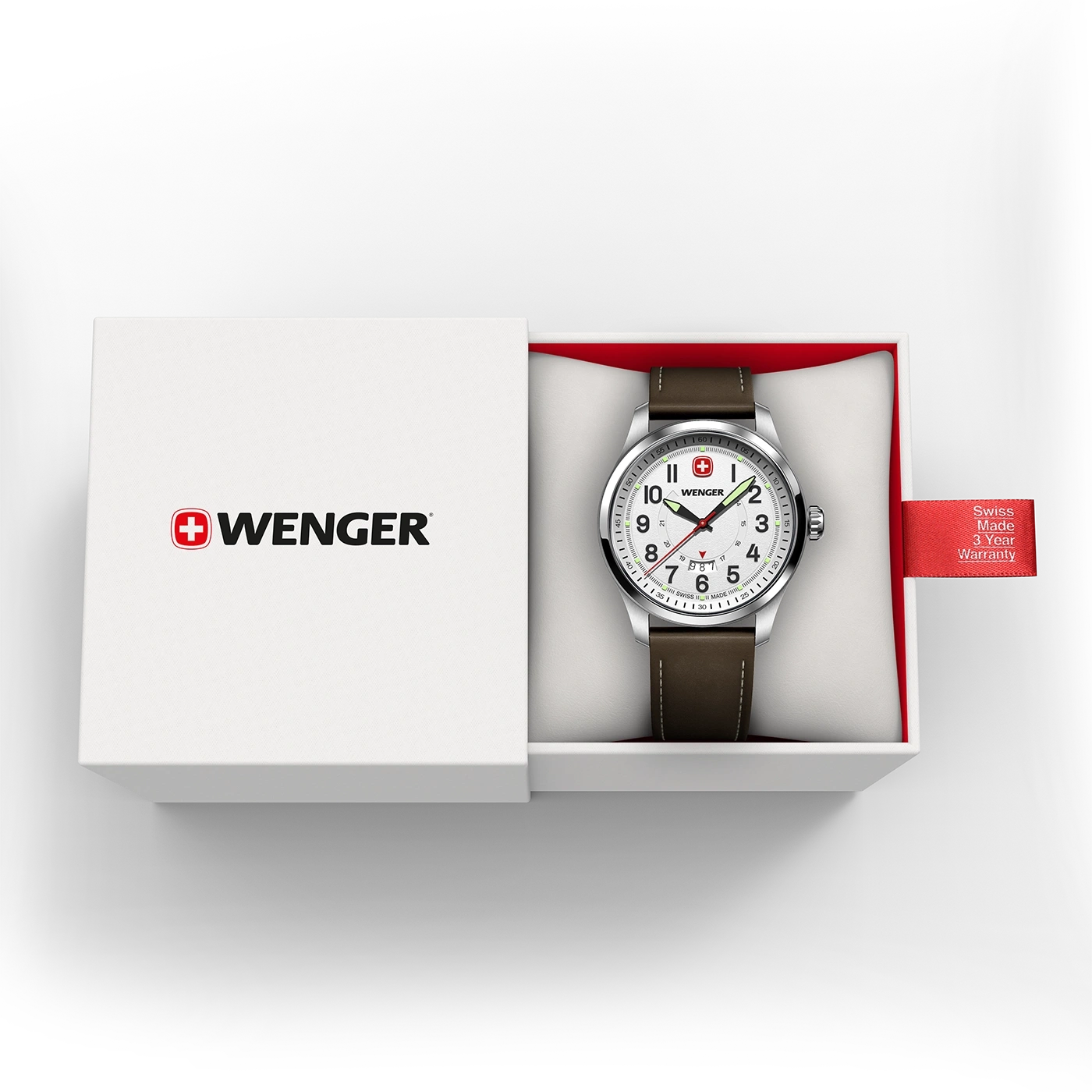 Wenger watch in box, Swiss made, 3 year warranty, brown leather strap