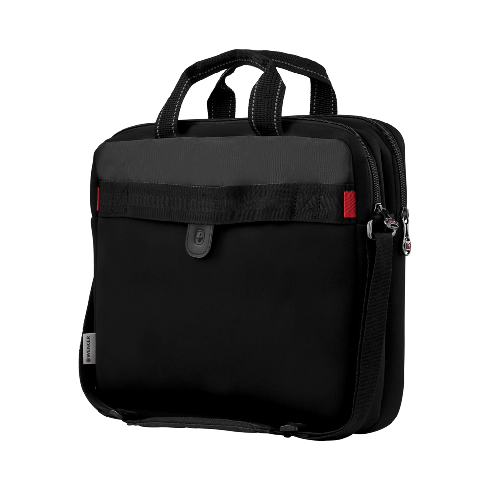 Schwarze Laptoptasche mit roten Akzenten und Tragegriffen.