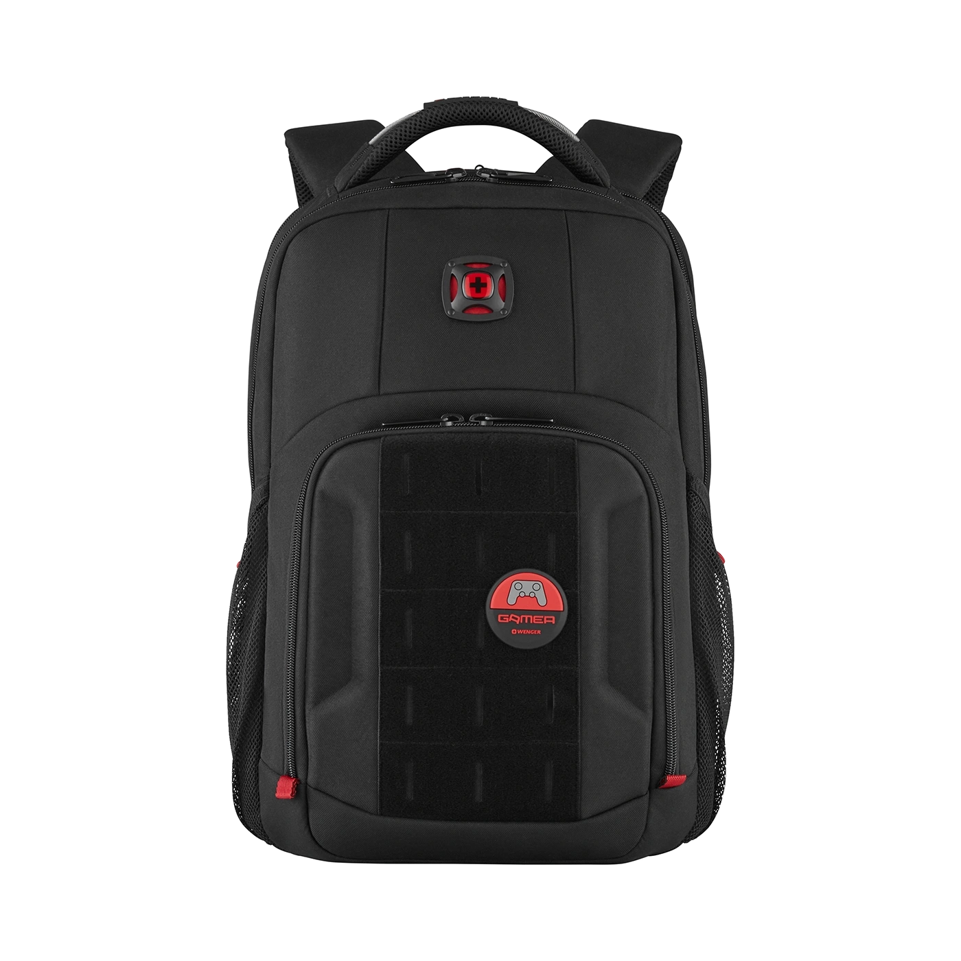Black gamer backpack with red logo and details, front view, isolated on black