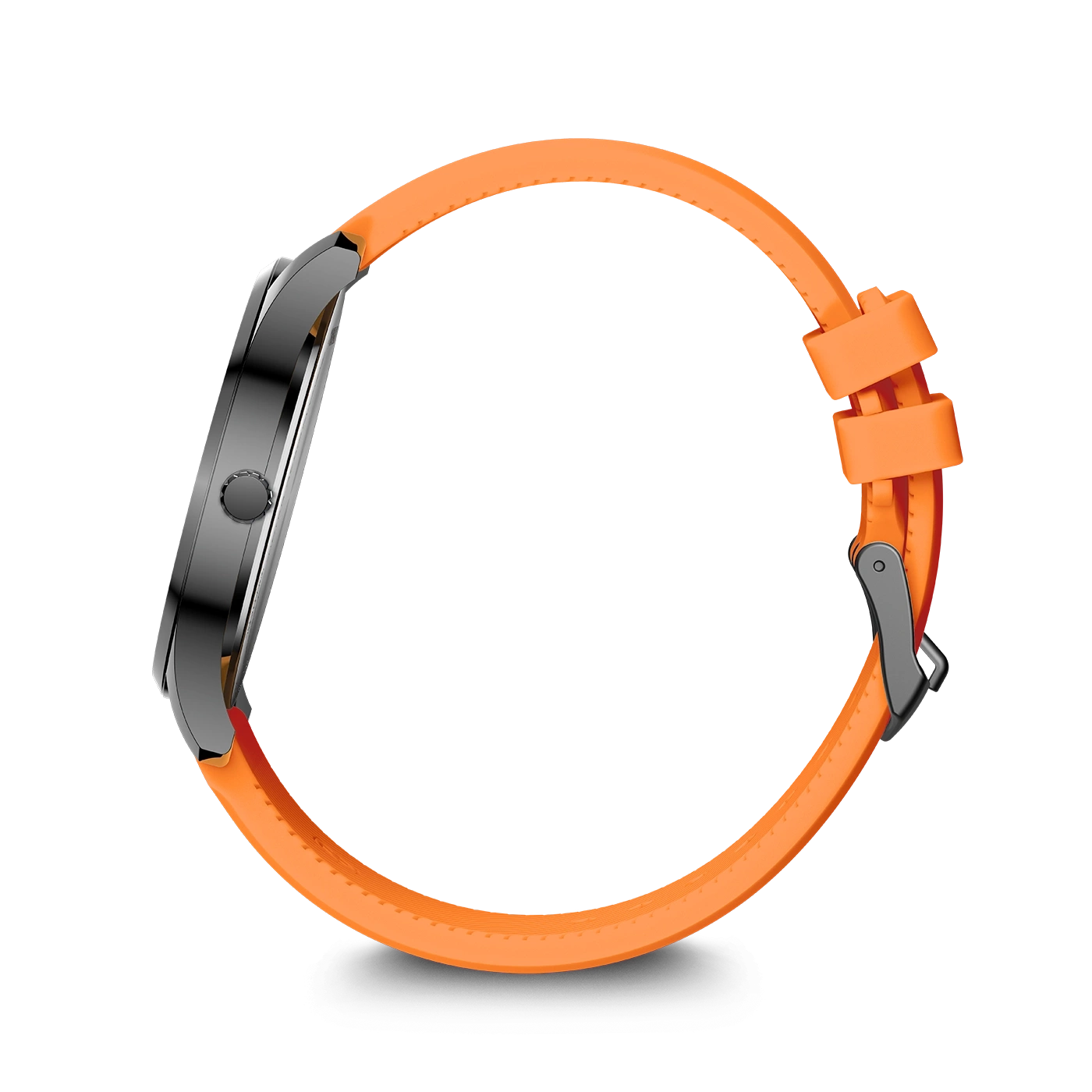 Eine Smartwatch mit einem orangefarbenen Armband, von der Seite gesehen.