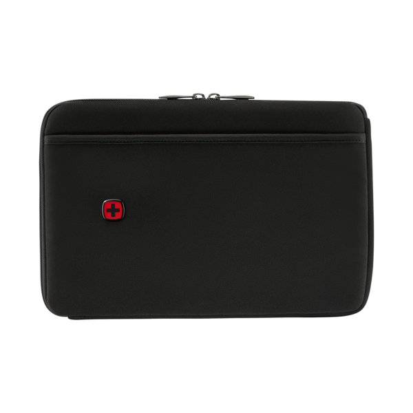 Schwarze Laptoptasche mit rotem Kreuz-Logo und Reißverschluss, schlichtes Design.