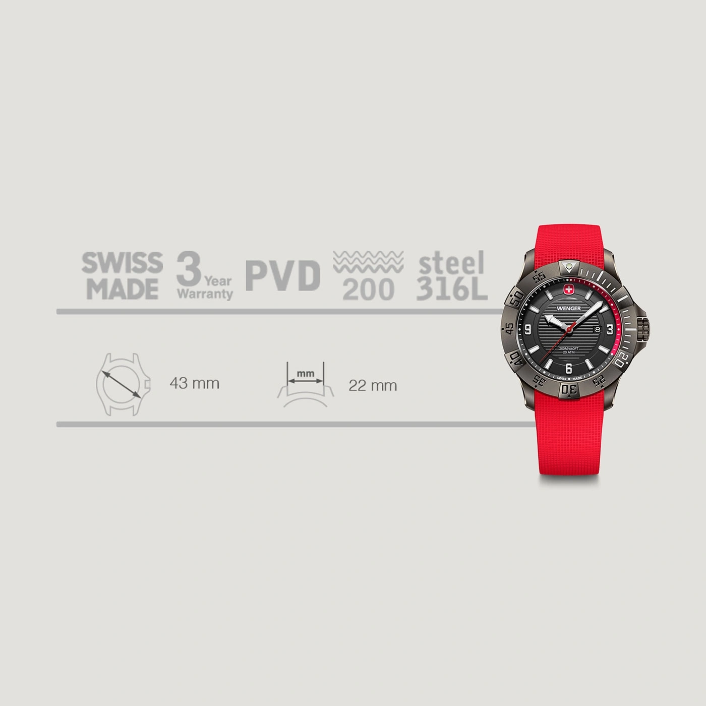Wenger Uhr mit rotem Armband, Swiss Made, 43mm Gehäuse, 22mm Bandbreite, PVD-Beschichtung.