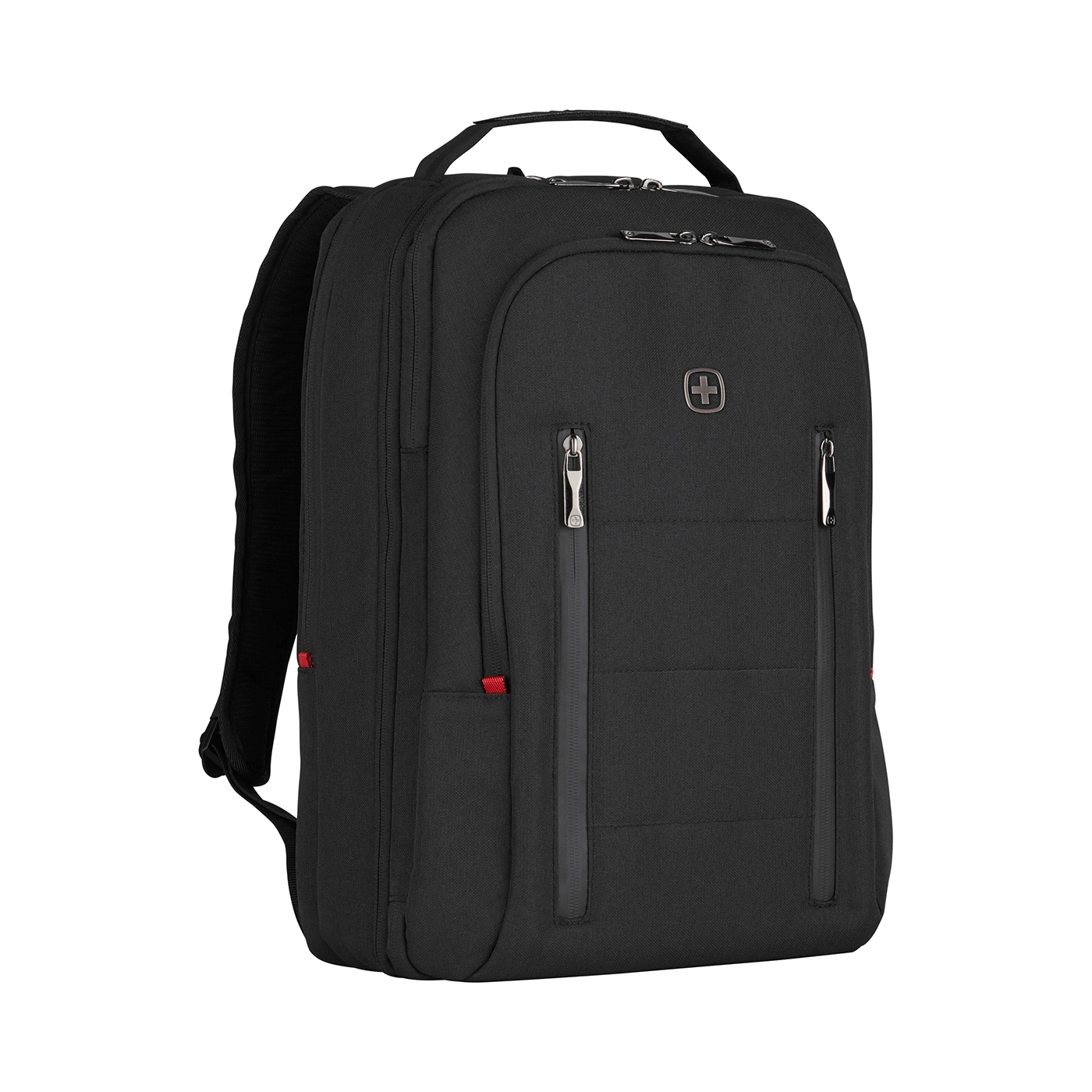 Schwarzer Rucksack mit Reißverschlüssen und Logo auf schwarzem Hintergrund.