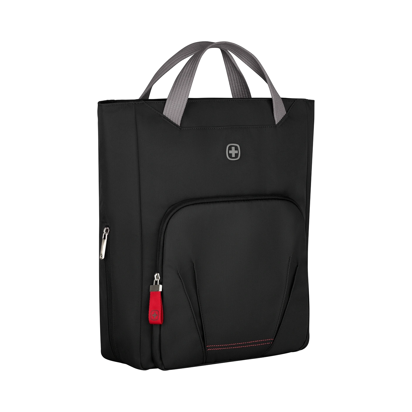 Black bag with red zipper and gray handle, Swiss cross logo on the front