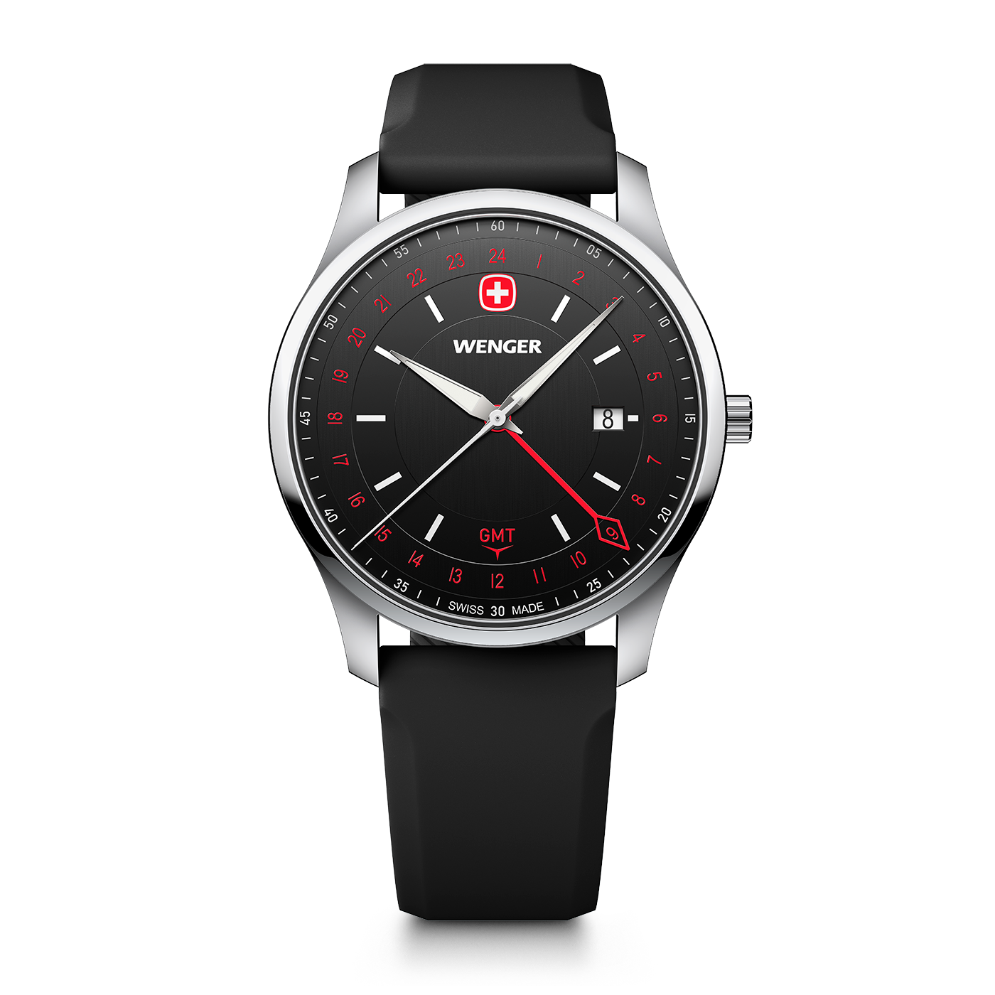 Schwarze Wenger Herrenuhr mit GMT-Funktion und rotem Akzent auf schwarzem Zifferblatt