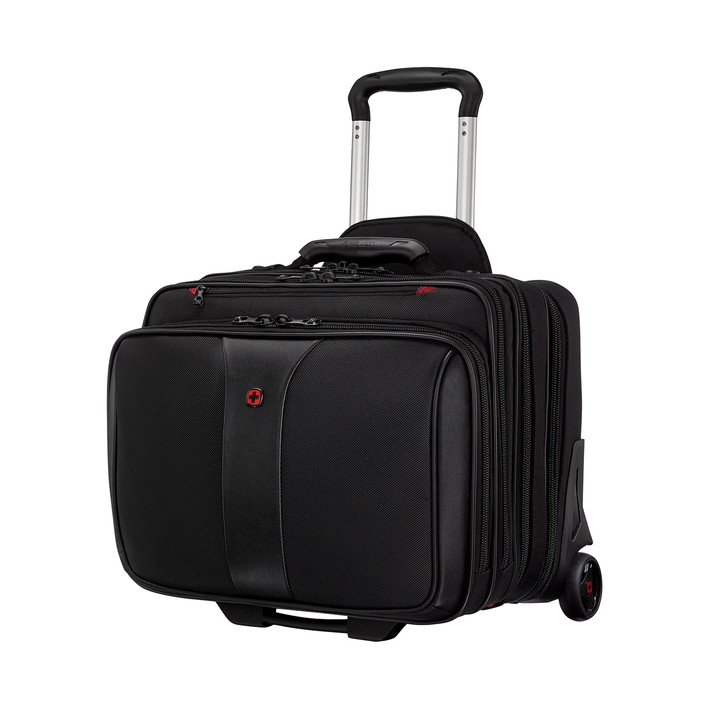 Black rolling suitcase with handle and wheels, Wenger brand, for travel.