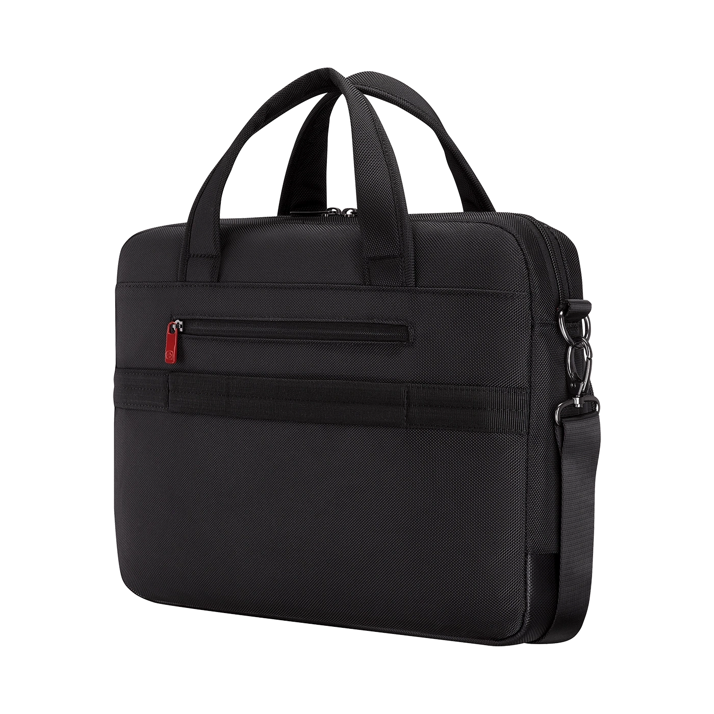 Black briefcase with handles and shoulder strap, zipper, red accent detail