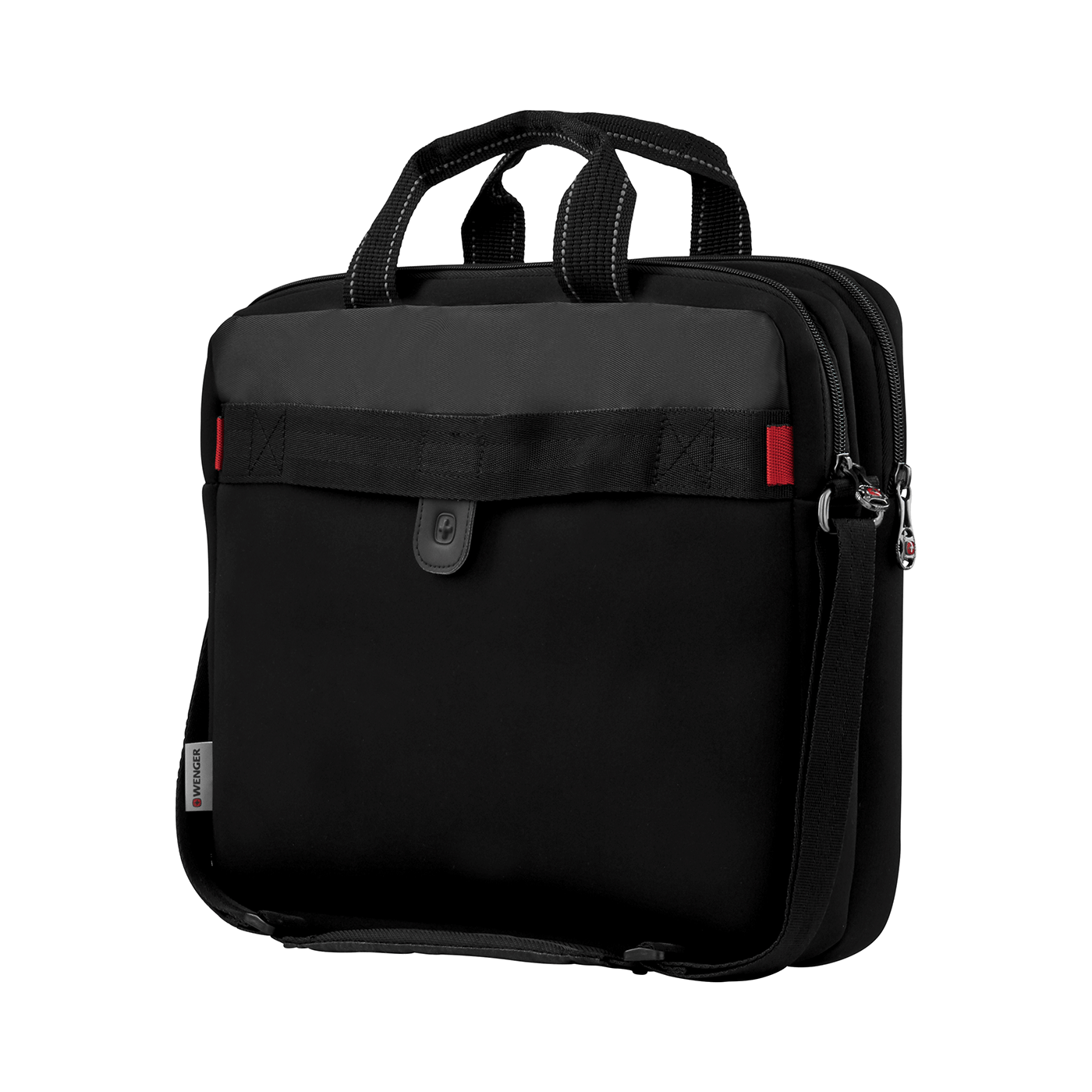 Schwarze Laptoptasche mit roten Akzenten und Tragegriffen.