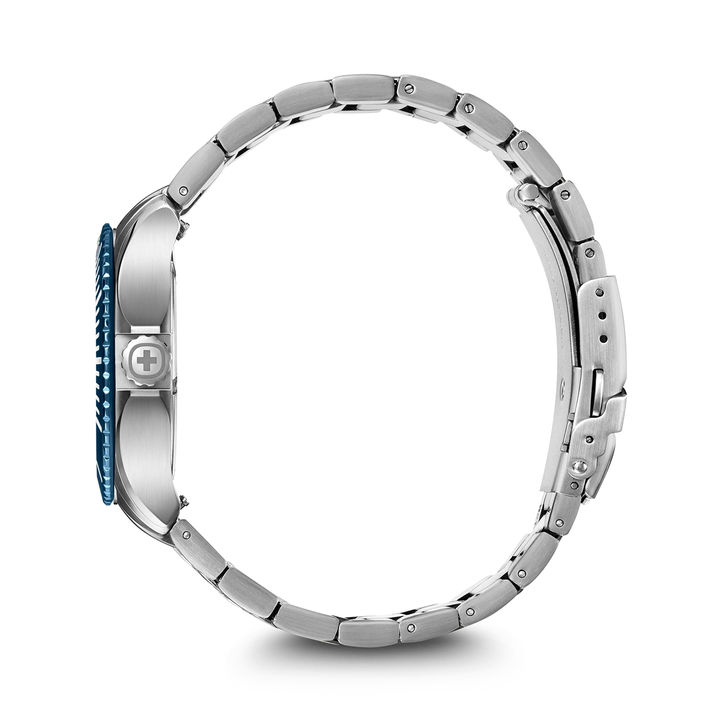 Uhr mit blauem Zifferblatt und silbernem Armband auf schwarzem Hintergrund