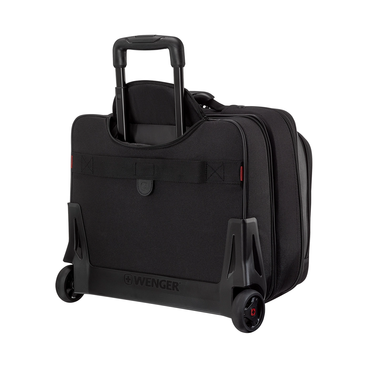 Black rolling suitcase with handle and wheels, brand Wenger, for travel.