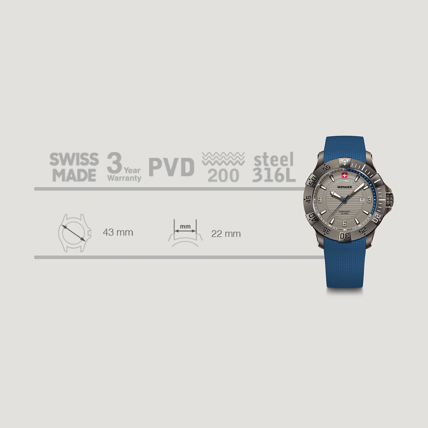 Wenger Uhr, Swiss Made, 3 Jahre Garantie, PVD, Stahl, 200M, 43mm, 22mm Armband