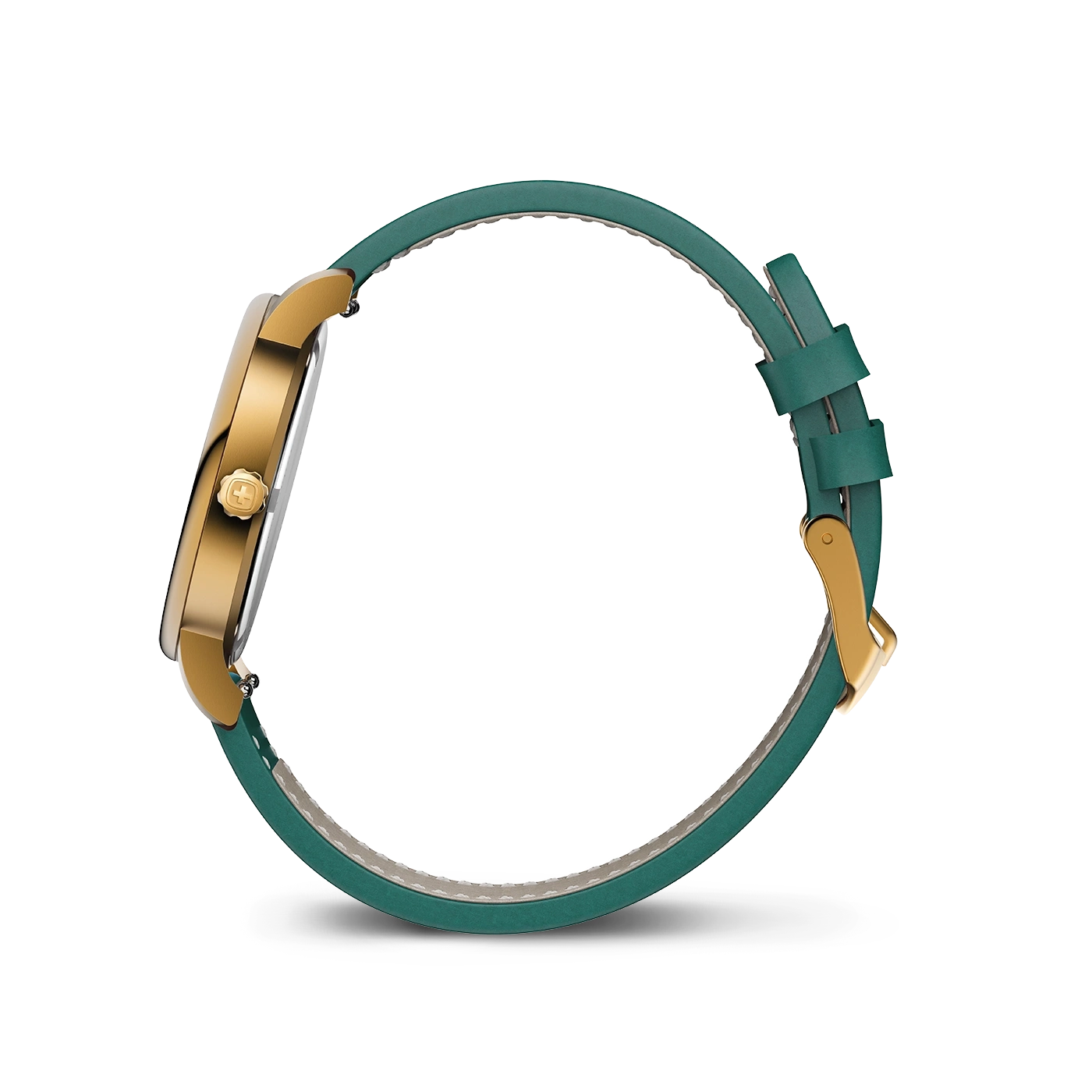 Une montre dorée avec un bracelet en cuir vert.