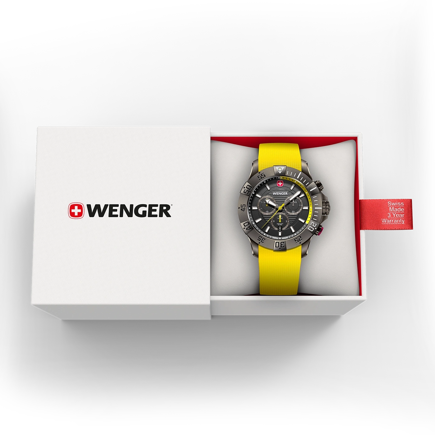 Wenger watch with yellow strap in a box with warranty information