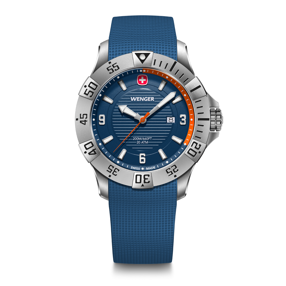 Wenger watch with blue face and strap, silver bezel, Swiss made, 20 ATM.