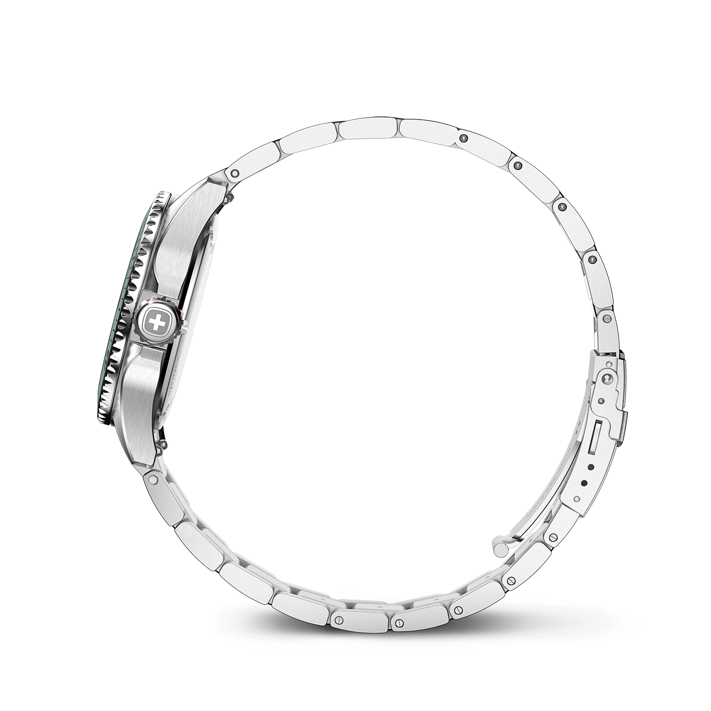 A close-up of a silver metal watch bracelet forming a circle.