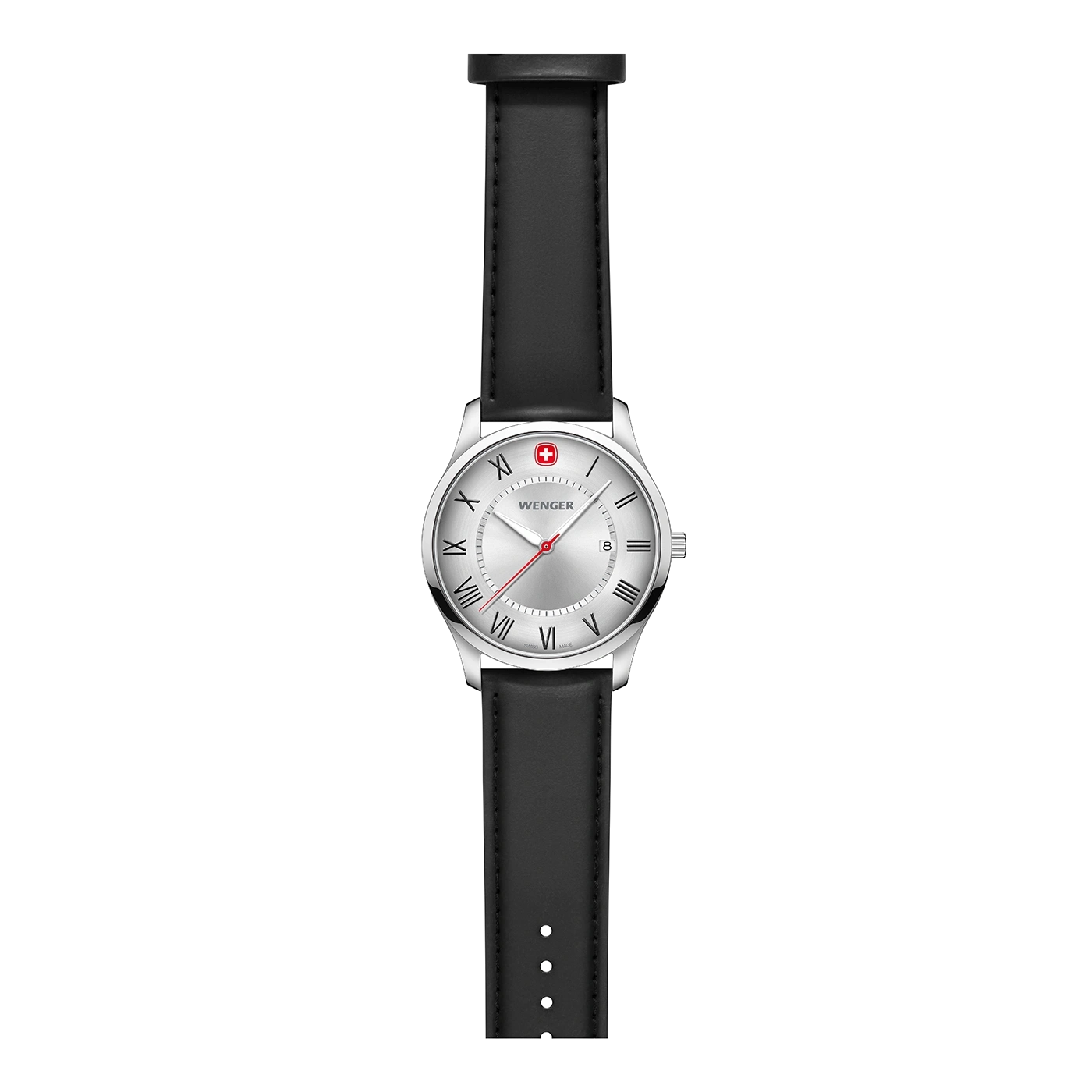 Wenger Uhr mit schwarzem Lederarmband und silbernem Zifferblatt, römische Ziffern