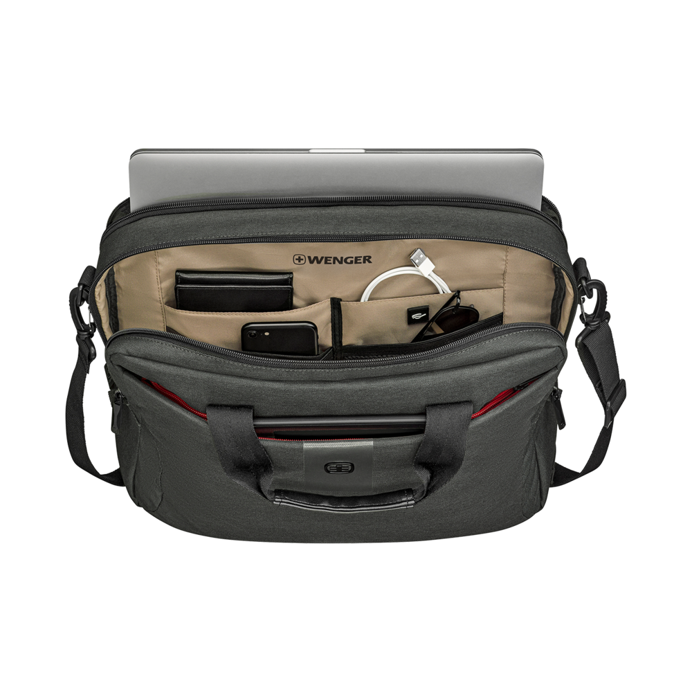 Schwarze Aktentasche mit Laptop, Handy, Sonnenbrille und Kabeln. Marke: Wenger.