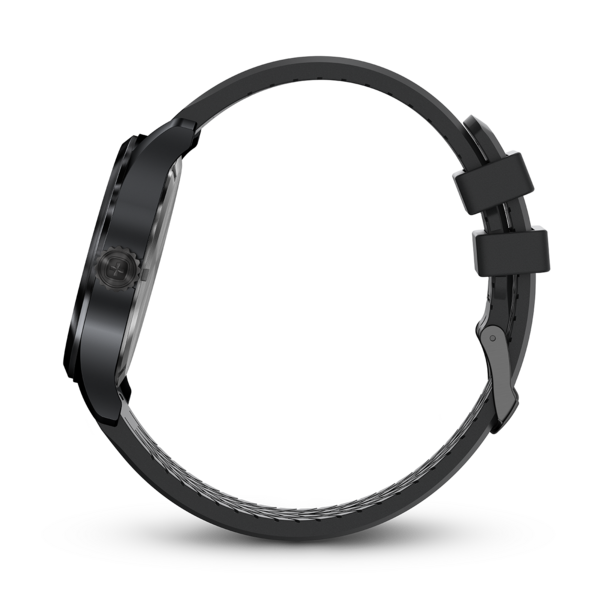 Black watch with black strap, side view, on a black background, elegant.