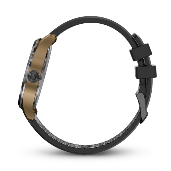 Uhr mit goldenem Gehäuse und schwarzem Armband auf schwarzem Hintergrund