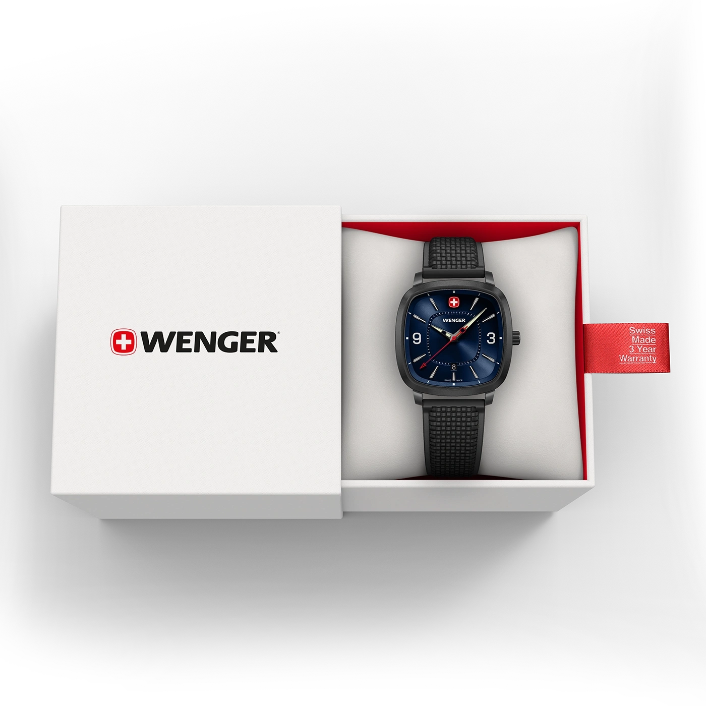 Wenger Uhr in einer Box mit rotem Etikett und 3 Jahren Garantie