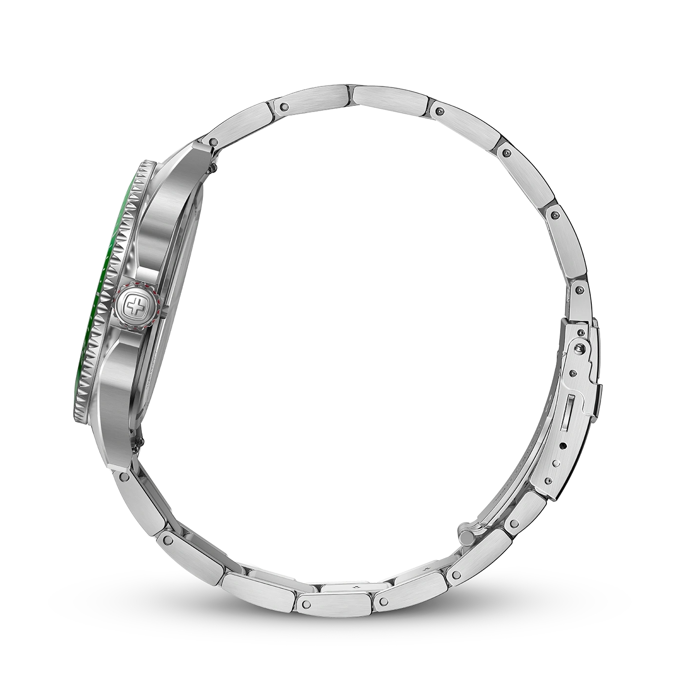Side view of a silver watch with a green dial and a silver bracelet, close-up