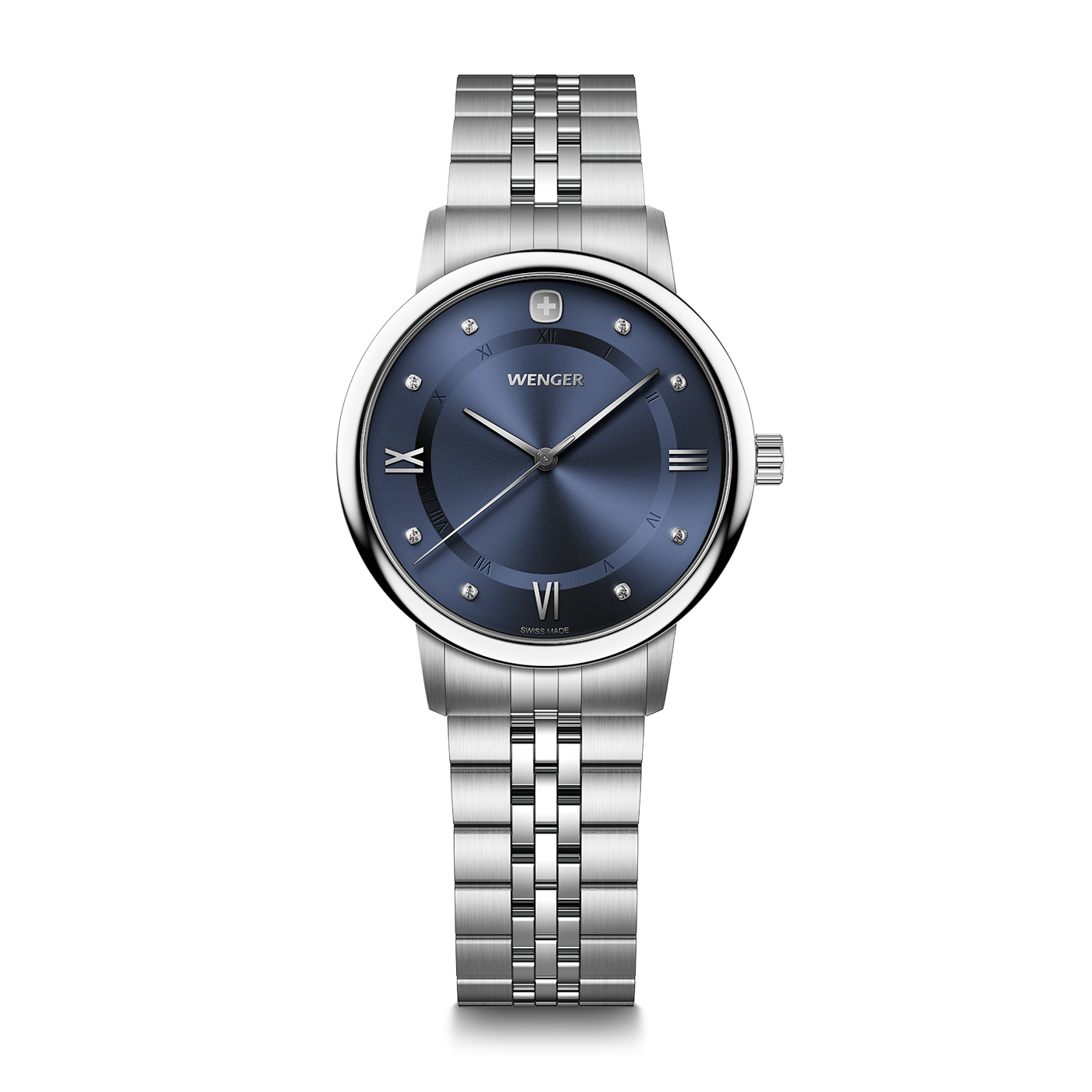 Silver Wenger watch with blue dial and Roman numerals.