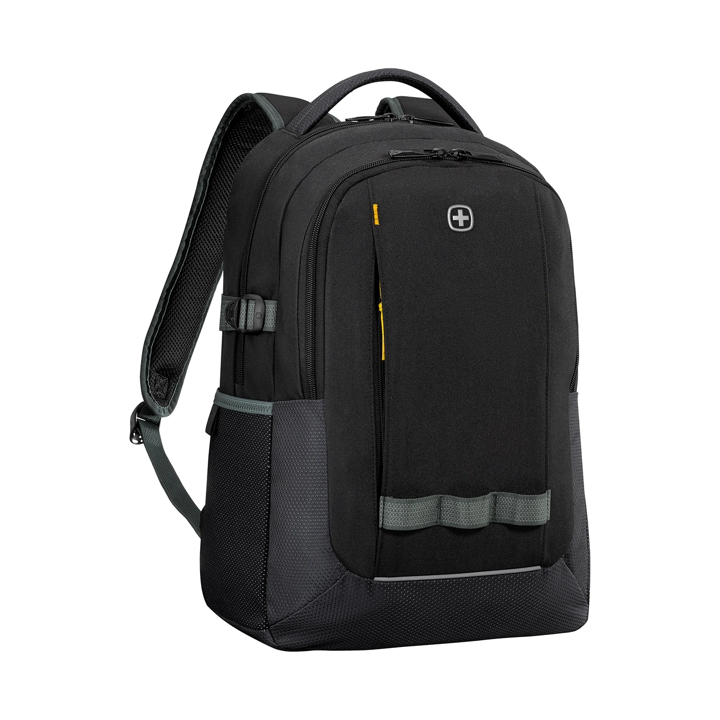 Black backpack with yellow accents and logo on a black background, side view.